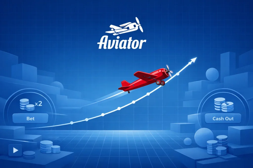 Promotional artwork for Aviator crash game showing a red propeller plane ascending along a glowing white multiplier trajectory arrow, with 'Aviator' logo at the top, stacks of coins, x2 multiplier indicator, blue 'Bet' button on the left, and 'Cash Out' button on the right against a digital grid and abstract cityscape background