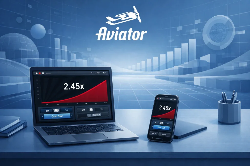 Aviator online crash game advertisement featuring an open laptop and smartphone on a desk, both screens showing the game interface at 2.45x multiplier with a rising red curve, bet amounts of 100 and 50, prominent blue 'Cash Out' buttons, set against a futuristic blue digital background with charts and abstract elements